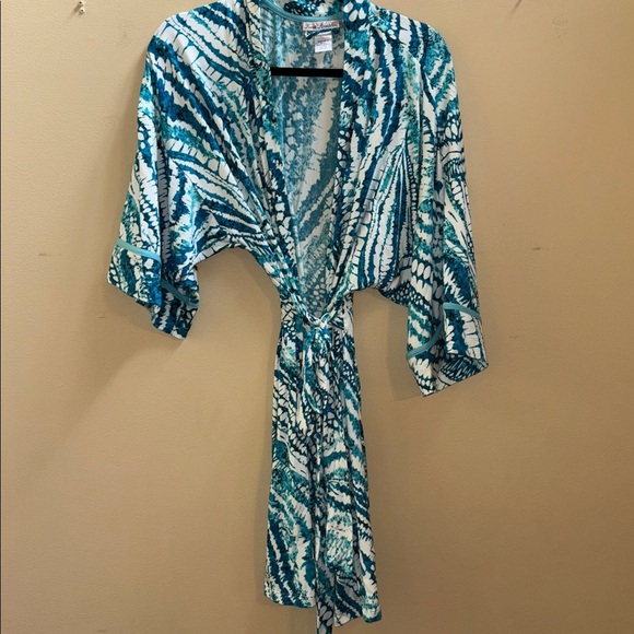 Linea Donatella Amaya 3/4-Sleeve Printed Robe Teal and White Size L/XL - Picture 4 of 8